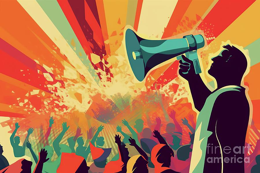 A powerful megaphone raised high, proclaiming messages to captivated ...