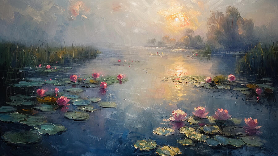 Sunset Digital Art - A serene morn ng scene by a l ly pond captur ng 2aa34ae5-dd77-4c58-8fba-84a0950f86c7 #2 by Romed Roni