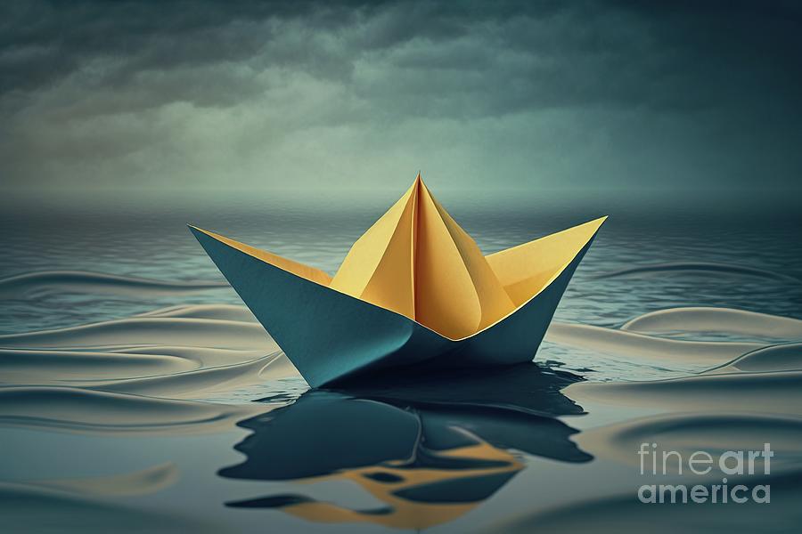 A toy paper boat sits atop a calm sea, its 3D concept illustrati #2 Photograph by Joaquin Corbalan