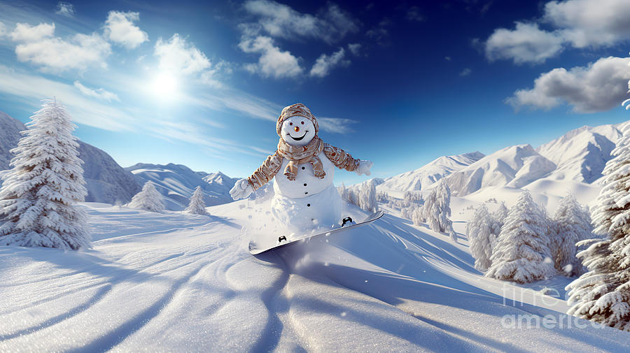 A very happy snowman is gliding down the snowy slope on a snowboard.  #2 Digital Art by Odon Czintos