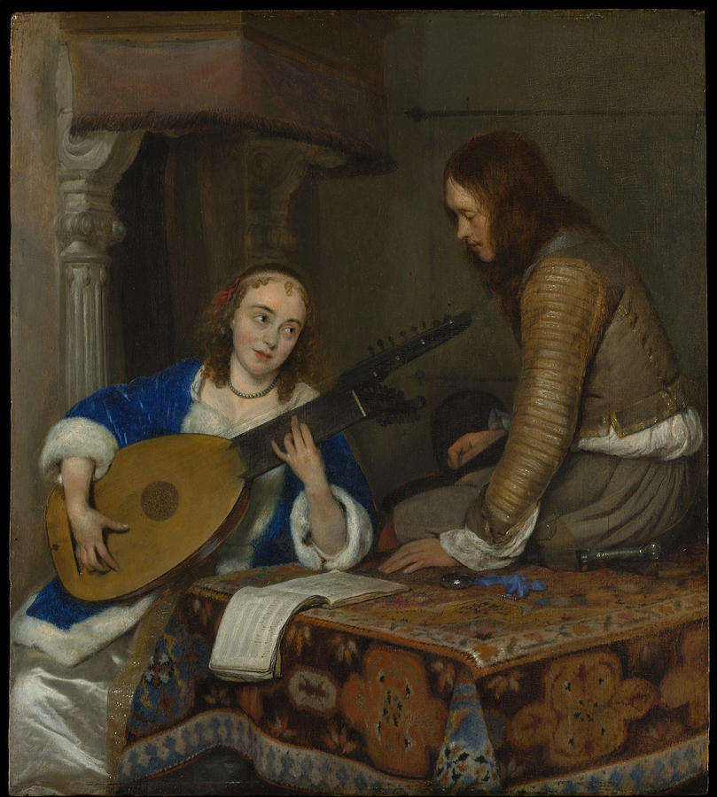 Gerard Painting - A Woman Playing the Theorbo Lute and a Cavalier  #2 by Gerard ter Borch