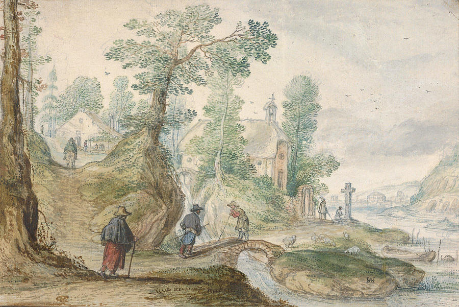 A Wooded River Landscape with a Church and Figures Drawing by Hendrick Avercamp