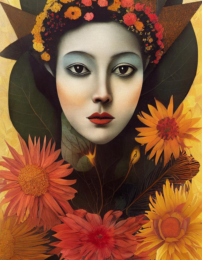Abstract art collage of young woman with flowers #2 Painting by Vincent Monozlay