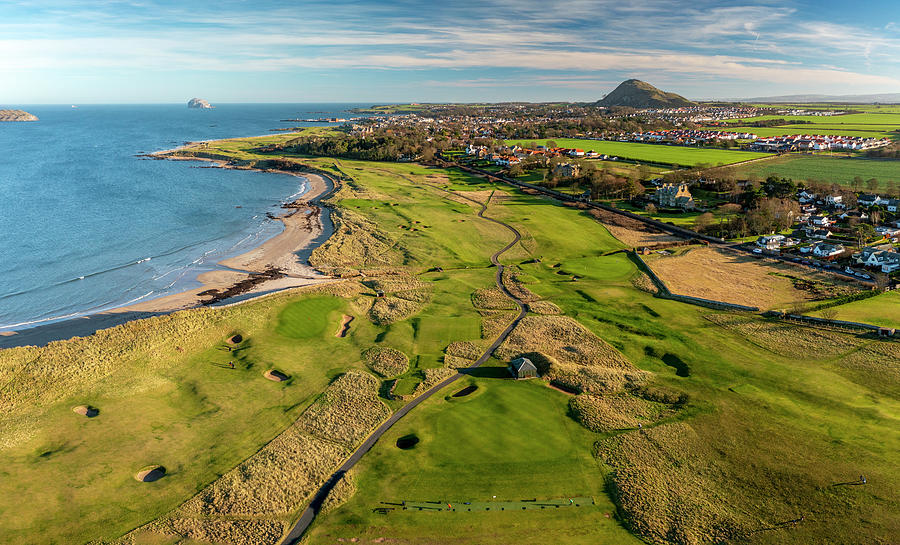 Aerial view from drone of North Berwick Golf Club course , North