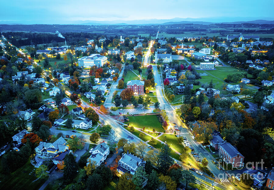 Aerial view of the Cross St. Bridge in Middlebury, Vermont by Eric Killorin