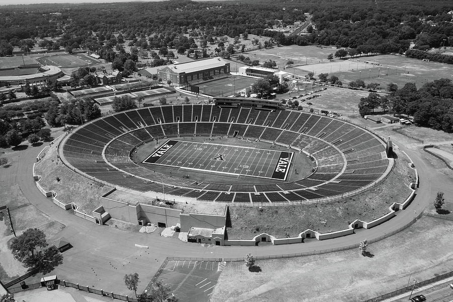 Aerial view of Yale Bowl football stadium at Yale University in black and white #2 Photograph by Eldon McGraw