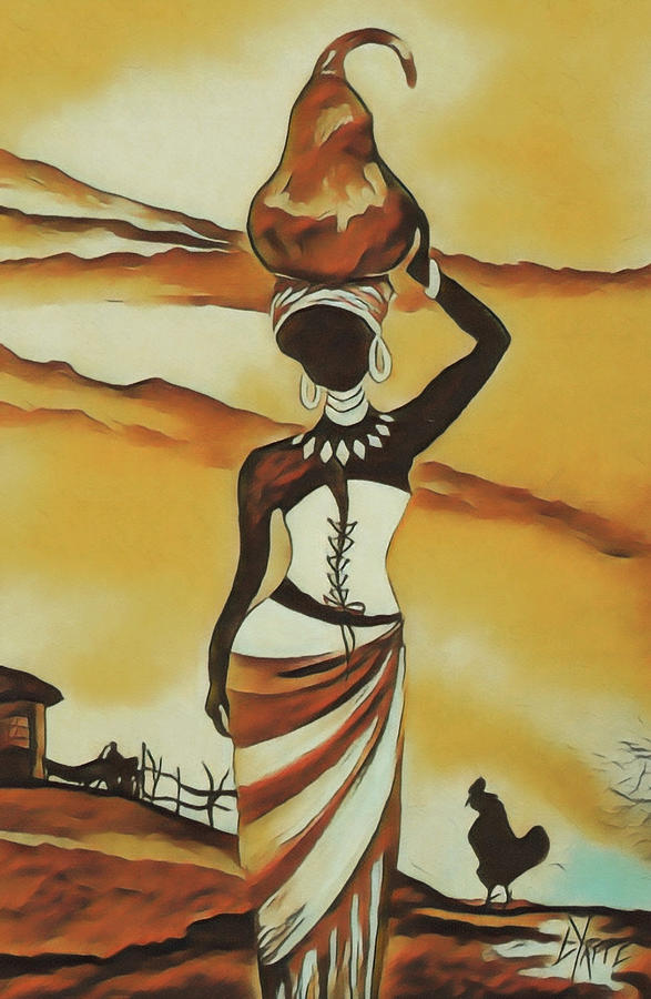 African Woman Carrying Calabash On Head Digital Art