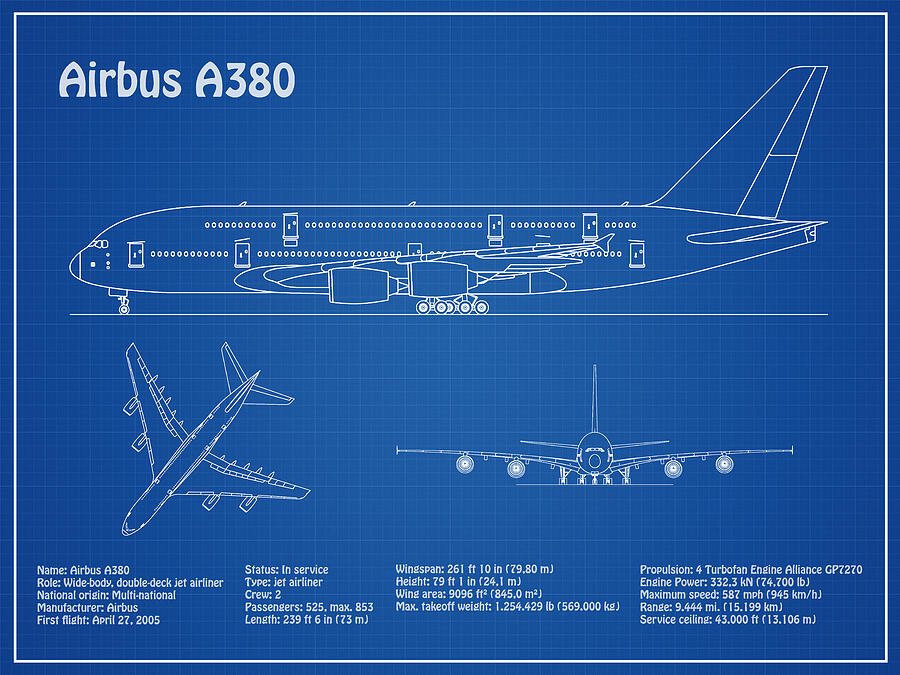 Airbus a380 - Airplane Blueprint. Drawing Plans or Schematics with ...