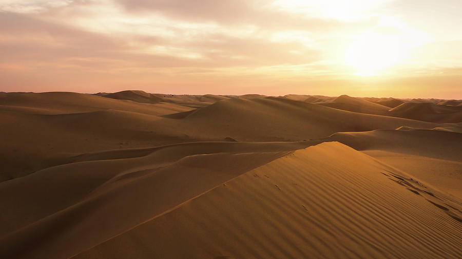 Amazing Desert Sunset. Beautiful Arabian Desert With Warm Colors 