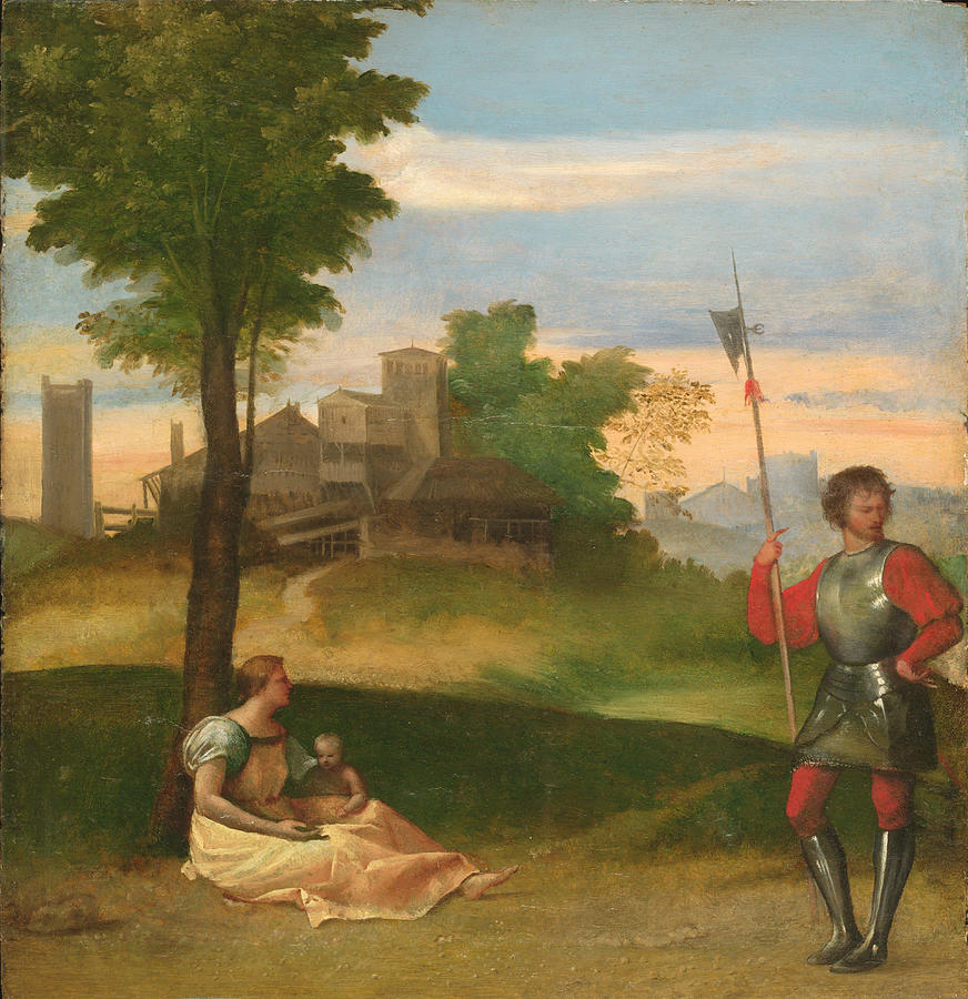 Titian Painting - An Idyll A Mother and a Halberdier in a Wooded Landscape  #2 by Titian