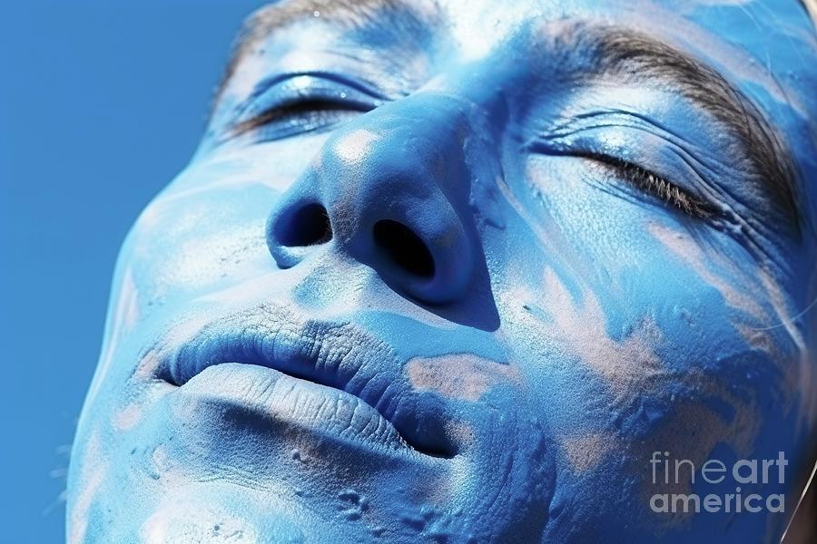 Artistic portrait with the face of the model with scaly skin painted in blue against a bluish sky. #2 Photograph by Joaquin Corbalan