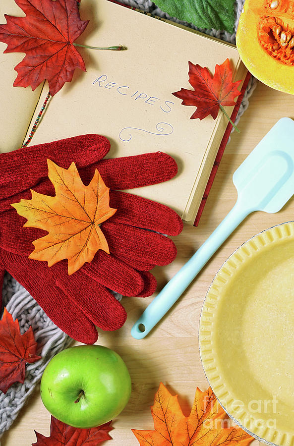 Autumn Fall baking flatlay making pumpkin and apple pie overhead. #2 Photograph by Milleflore Images