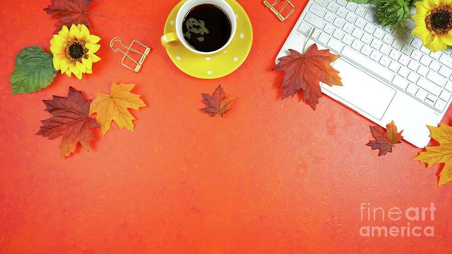 Autumn Fall desktop workspace blog header overhead flat lay. #2 Photograph by Milleflore Images