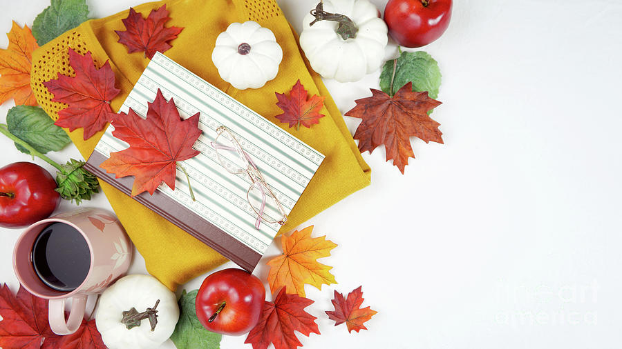 Autumn Fall Thanksgiving hygge flatlay with sweater, reading glasses and book. #2 Photograph by Milleflore Images