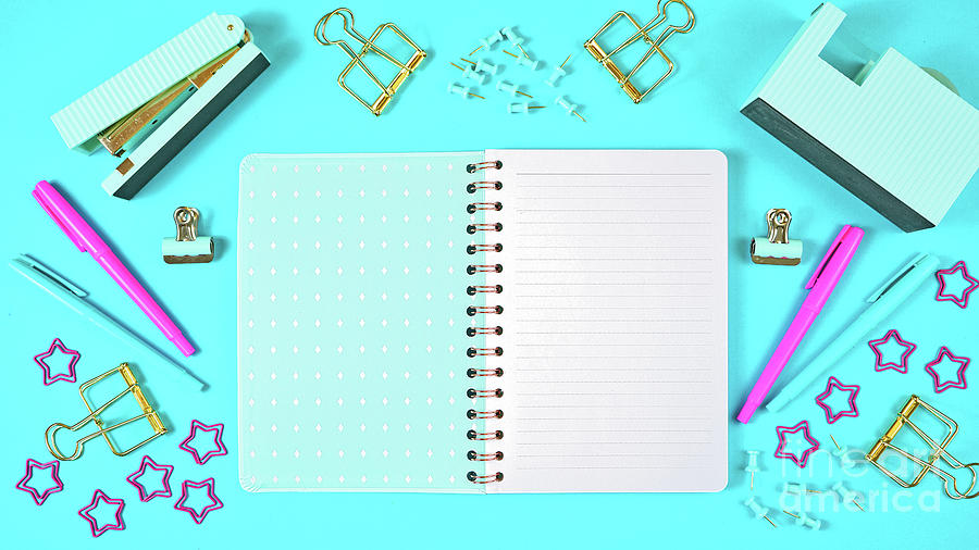 Back to school concept blue theme notebook with stationery. #2 Photograph by Milleflore Images