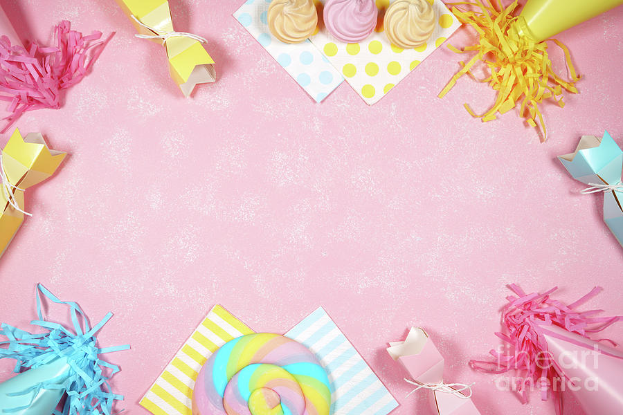 Birthday and party theme flatlay styled with party hats and bon bons. #2 Photograph by Milleflore Images
