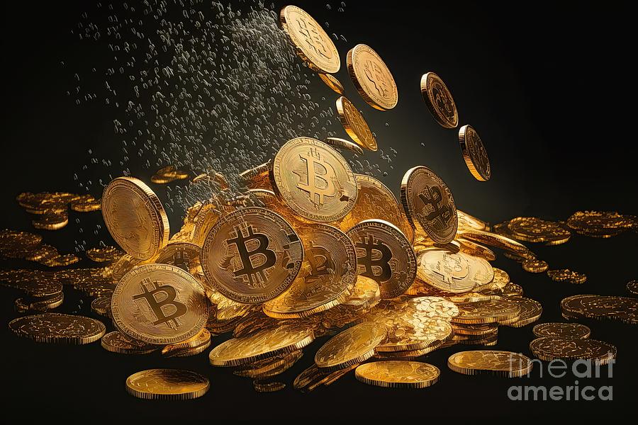 Bitcoins Floating In The Air On Black Digital Art
