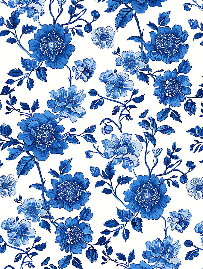 Flower Digital Art - Blue And White Floral Pattern #2 by Benameur Benyahia