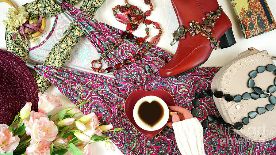 Boho Chic fashion layout flat lay with dress and accessories. Photograph by Milleflore Pixels