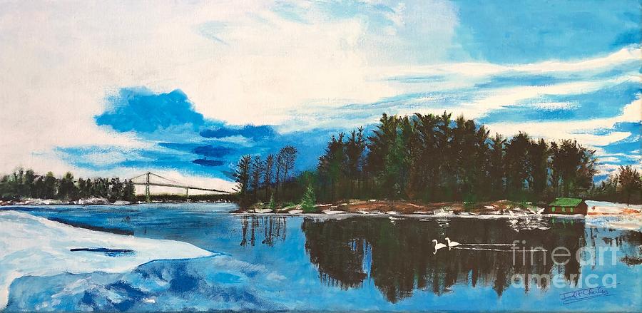 Icy Swan Bay and swans Painting by Joel Charles