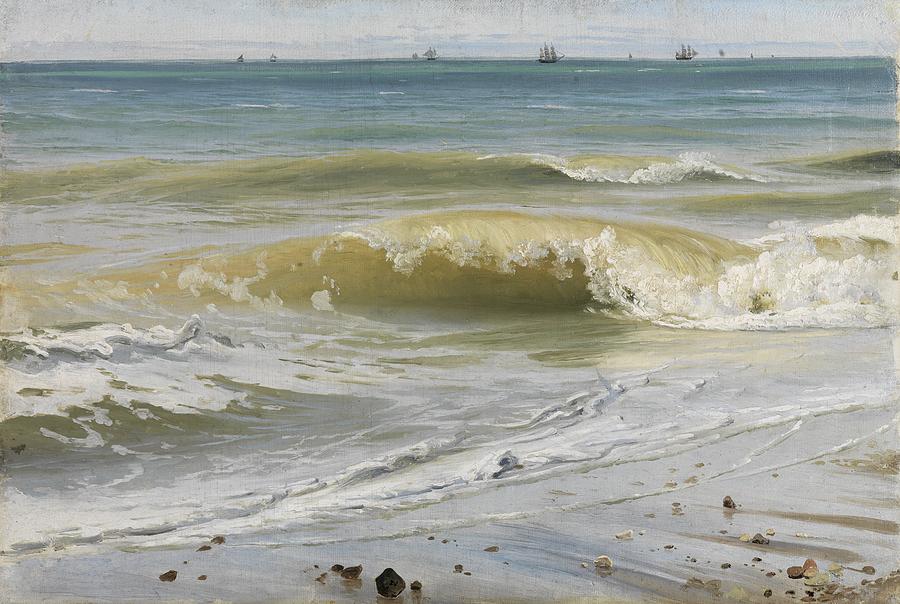 Johann Painting - Breaking Waves with Distant Ships  #2 by Johann Wilhelm Schirmer
