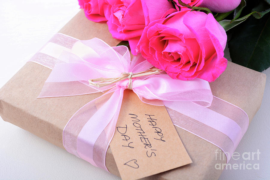 Flowers Still Life Photograph - Brown Paper gift and pink roses.  #2 by Milleflore Images