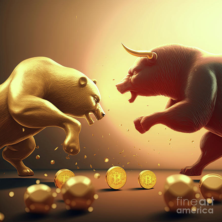 Bull and bear fighting for Bitcoin #2 Digital Art by Benny Marty