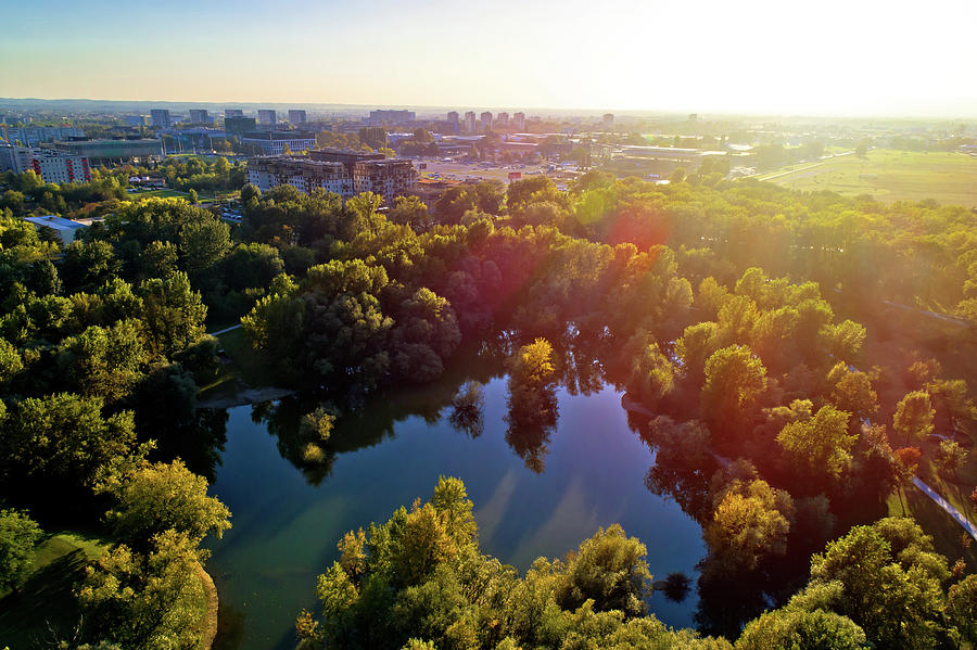 Bundek lake and city of Zagreb aerial autumn view #2 Photograph by Brch Photography