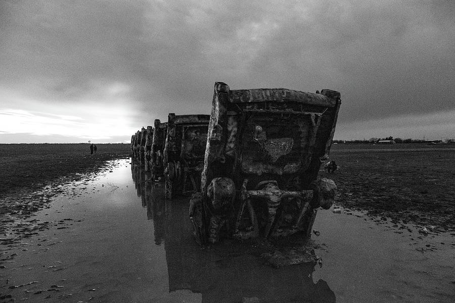 Cadillac Ranch on Historic Route 66 in Amarillo Texas in black and white #2 Photograph by Eldon McGraw