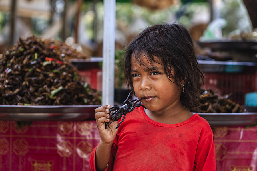 Cambodian little girl eating deep fried tarantula, street market, Cambodia #2 Photograph by Hadynyah