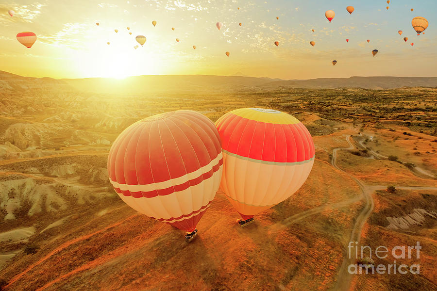 Cappadocia air balloons flying at dawn in Turkey #2 Digital Art by Benny Marty