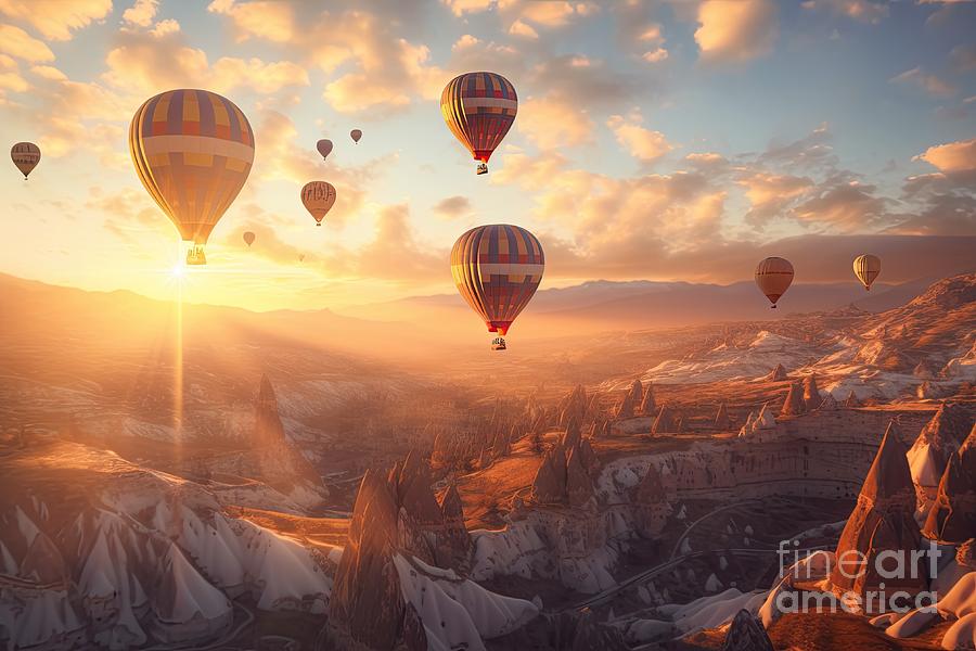 Cappadocia air balloons flying at sunset in Turkey #2 Digital Art by Benny Marty