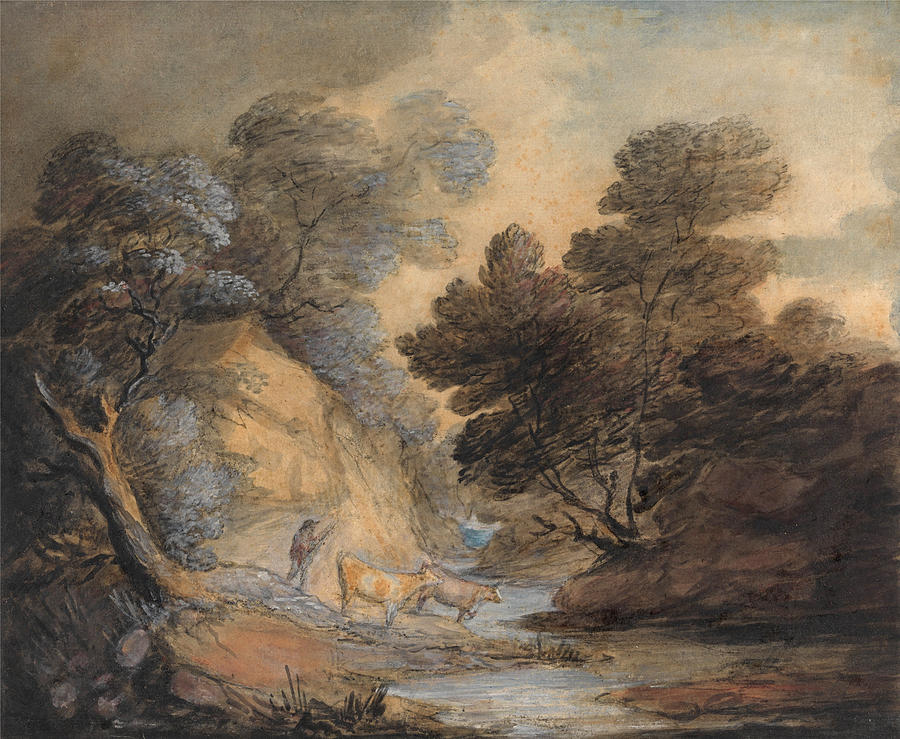 Cattle Watering by a Stream #3 Drawing by Thomas Gainsborough