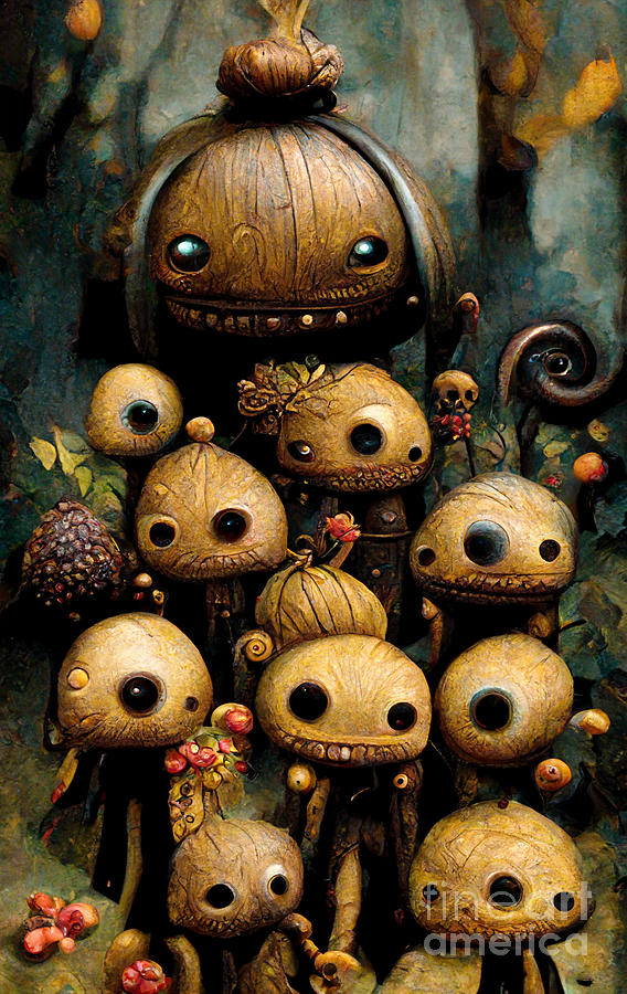 Fall Digital Art - Chestnut manikins and acorn monsters #2 by Sabantha