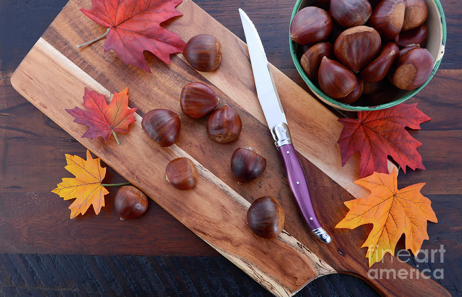 Chestnuts on Rustic Wood Table #2 Photograph by Milleflore Images