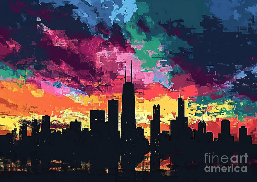 Chicagos Skyline Silhouetted Against A Darkening Sky Painting