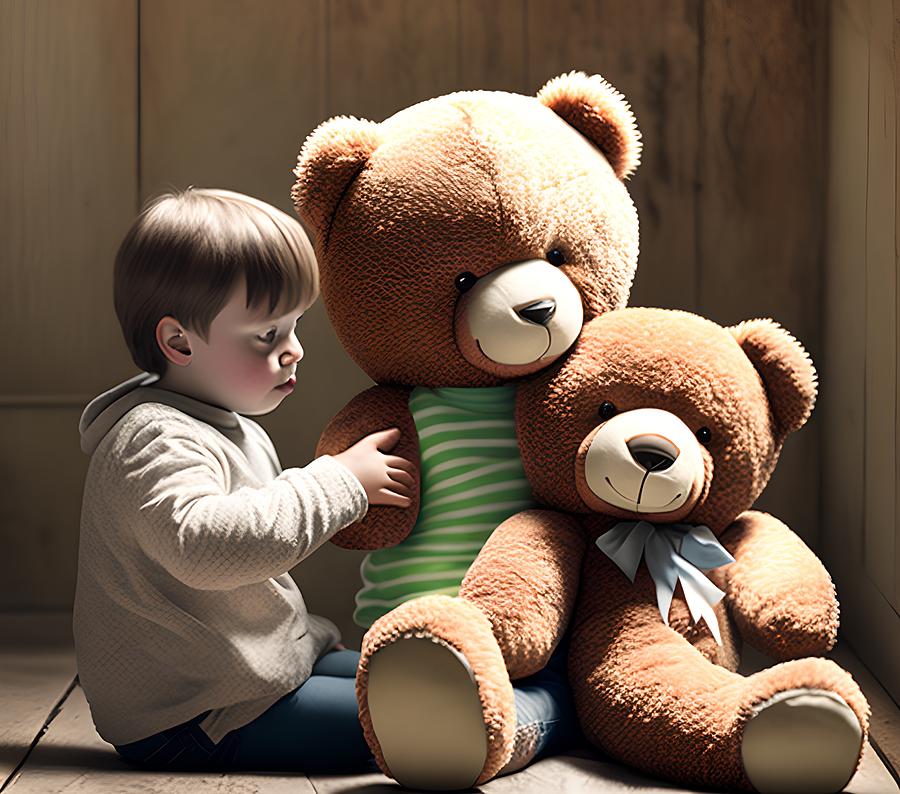 Child Cuddling Teddy Bear, Generative AI Illustration 3 Digital Art by