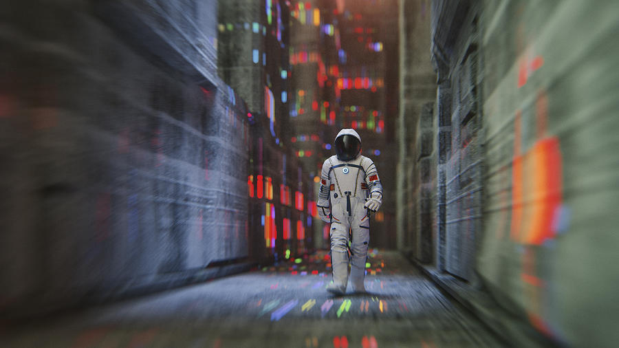 Chinese astronaut walking in futuristic city #2 Photograph by Gremlin