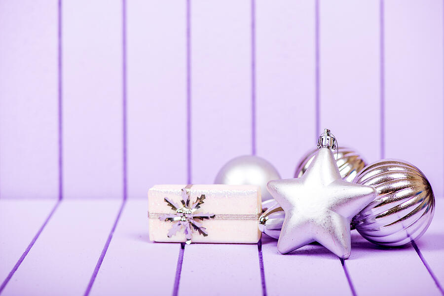 Christmas decoration on a purple striped background - selective #2 Photograph by DiyanaDimitrova