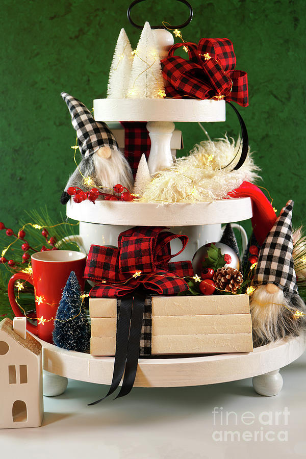 Christmas holiday on-trend Farmhouse aesthetic three tiered tray decor. #2 Photograph by Milleflore Images
