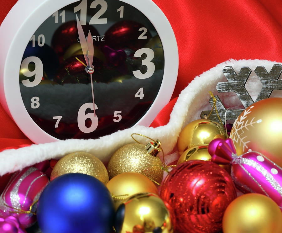 Clock and christmas balls and toys #2 Photograph by Mikhail Kokhanchikov