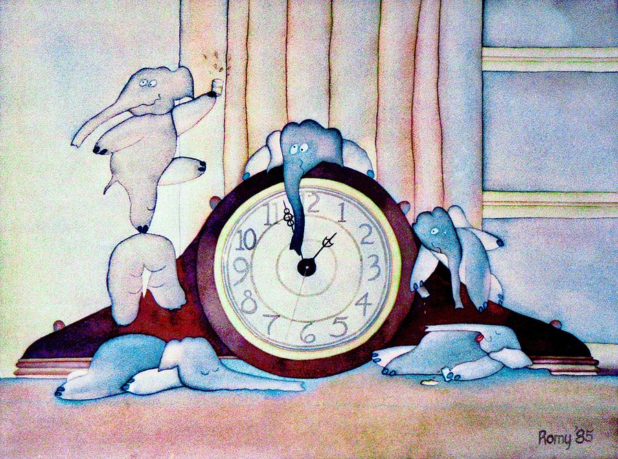 Elephant Painting - Clock Elephants #2 by Romy Muirhead