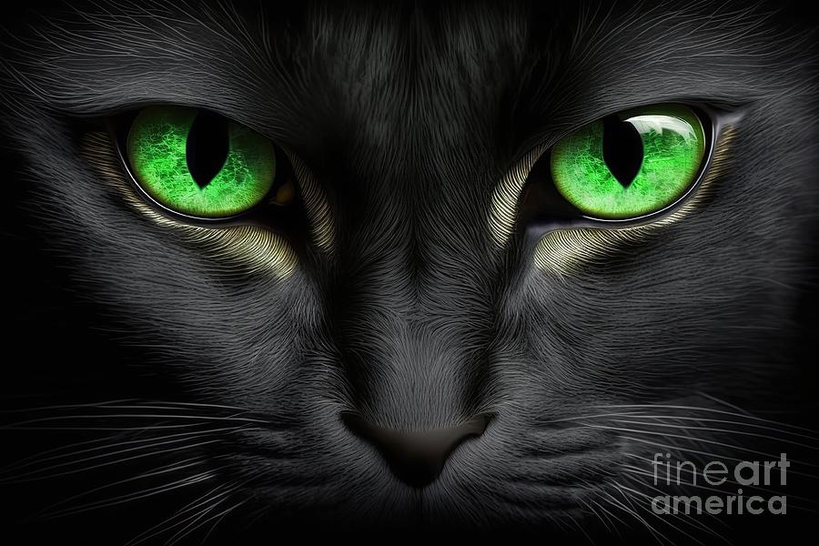 Close Up Of Black Cat With Green Eyes #2 Digital Art by Benny Marty