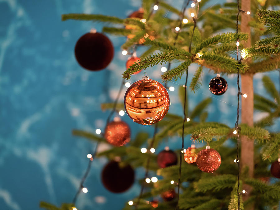 Closeup Of Christmas Decoration With Lights And Spheres Photograph