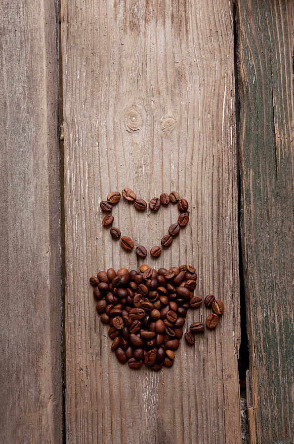 Coffee Beans And Cup With Heart On Wooden Background #2 Photograph by Ellemarien