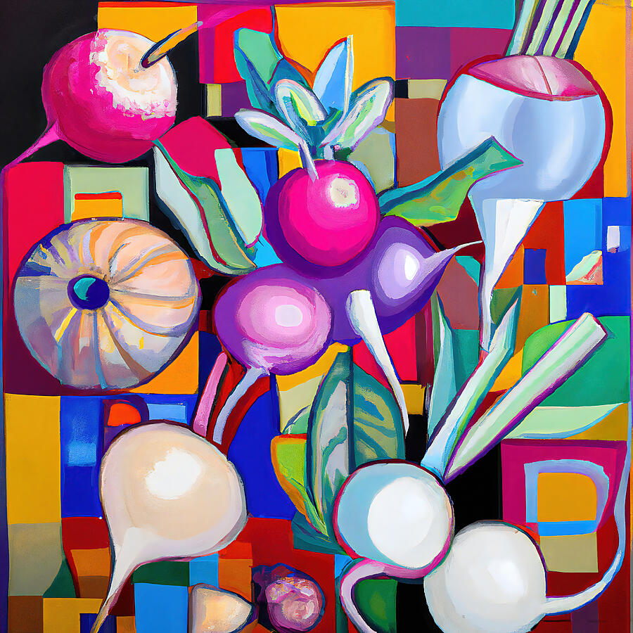 Abstract Painting - Colorful Fresh Radishes - Funky Vegetables Food Abstract #2 by StellArt Studio