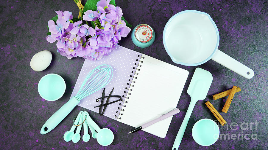 Cooking baking food theme desktop workspace on stylish purple background. #2 Photograph by Milleflore Images