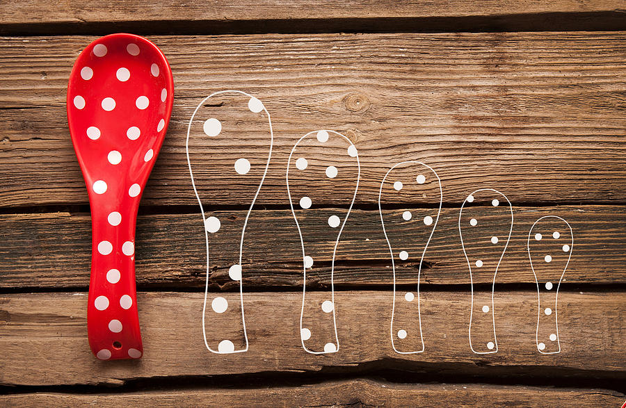 Cooking Red Spoon With Polka Dots On Wooden Background #2 Photograph by Ellemarien
