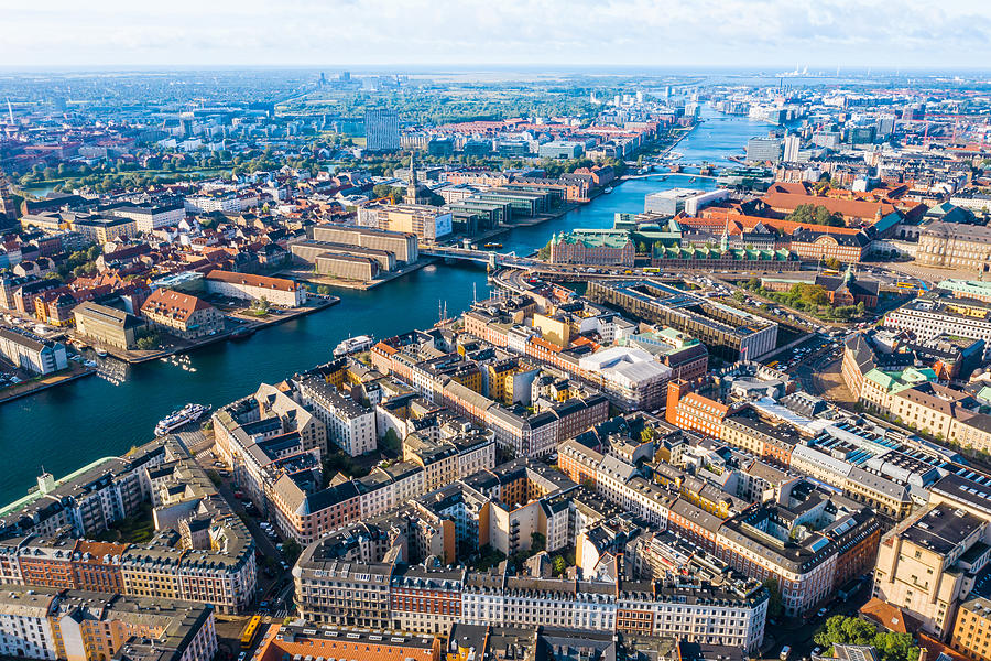 Copenhagen, Denmark. New Harbour canal and entertainment famous street. Aerial shoot view from the top #2 Photograph by Chunyip Wong