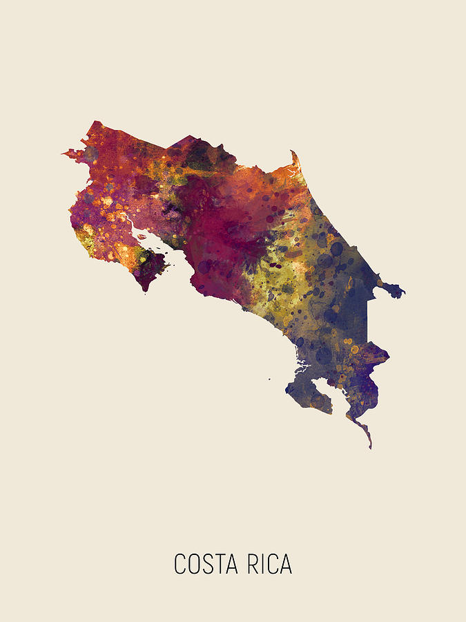 Country Map Digital Art - Costa Rica Watercolor Map #2 by Michael Tompsett